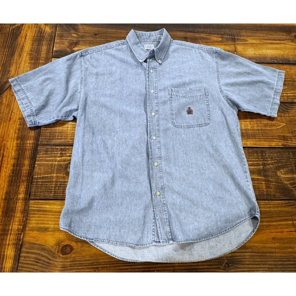 Vintage 90s Bugle Boy Gold Crest Denim Shirt Mens XL Light Wash Short Sleeve